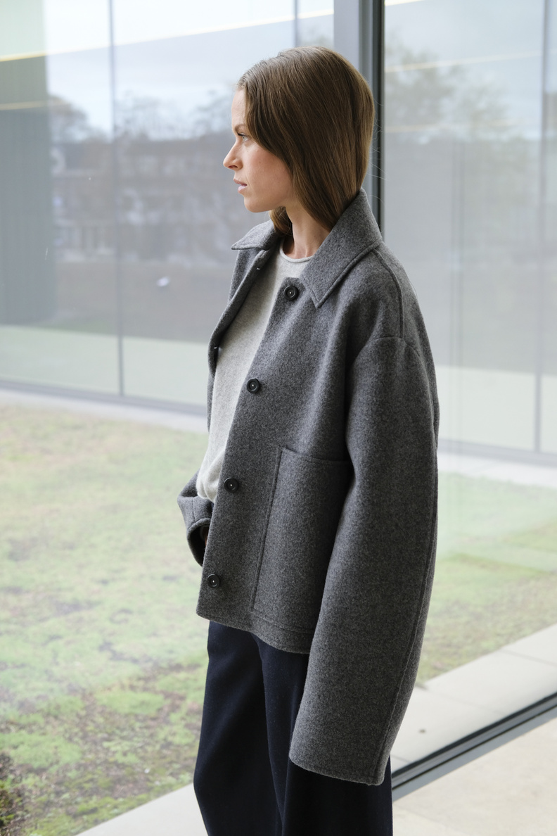 kassl editions coat off shoulder short washed wool grey
