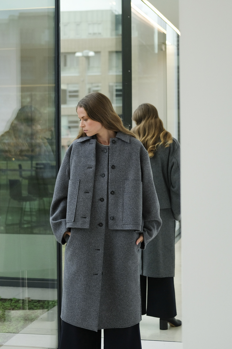 kassl editions coat off shoulder short + inner below washed wool grey